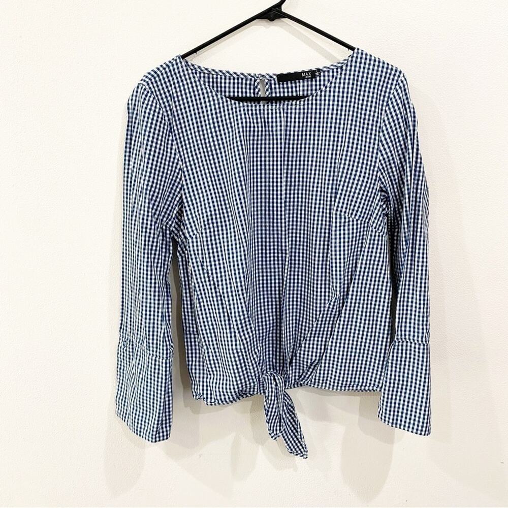 Max Jeans Plaid Top Tie Hem Long Sleeve Slit Cuffs